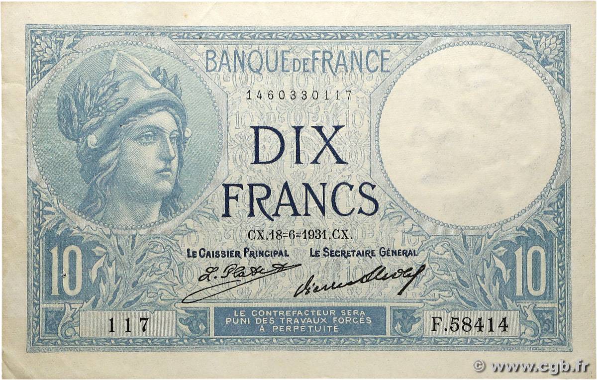 10 Francs MINERVE FRANCE 1931 F.06.15 TTB+