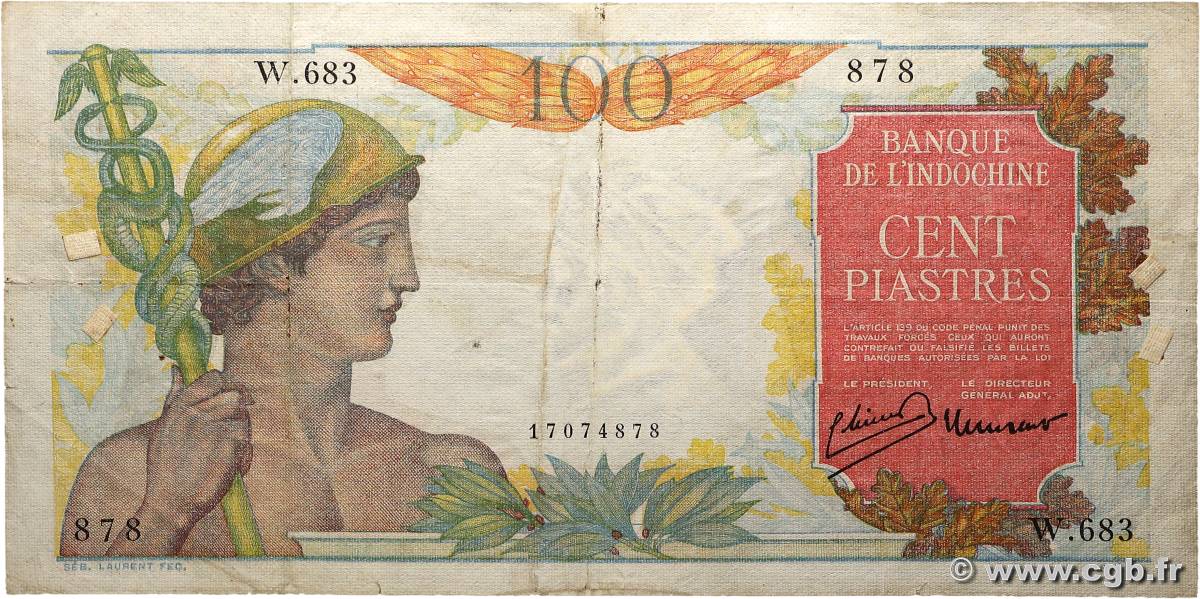 100 Piastres INDOCHINE FRANÇAISE 1947 P.082a TB+