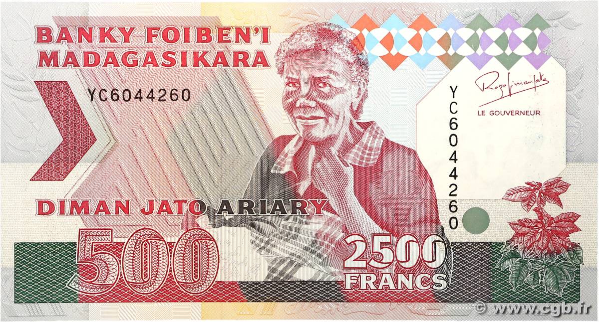 2500 Francs - 500 Ariary MADAGASCAR 1993 P.072Aa pr.NEUF