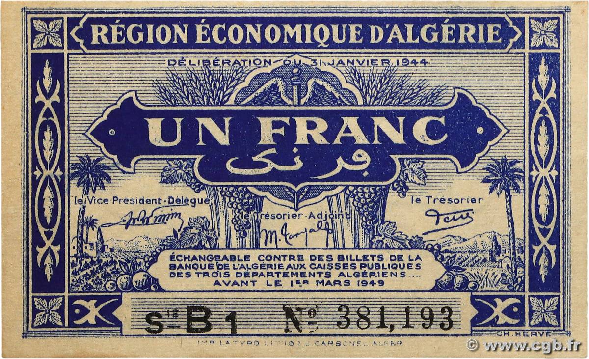 1 Franc ALGÉRIE  1944 P.098a pr.NEUF