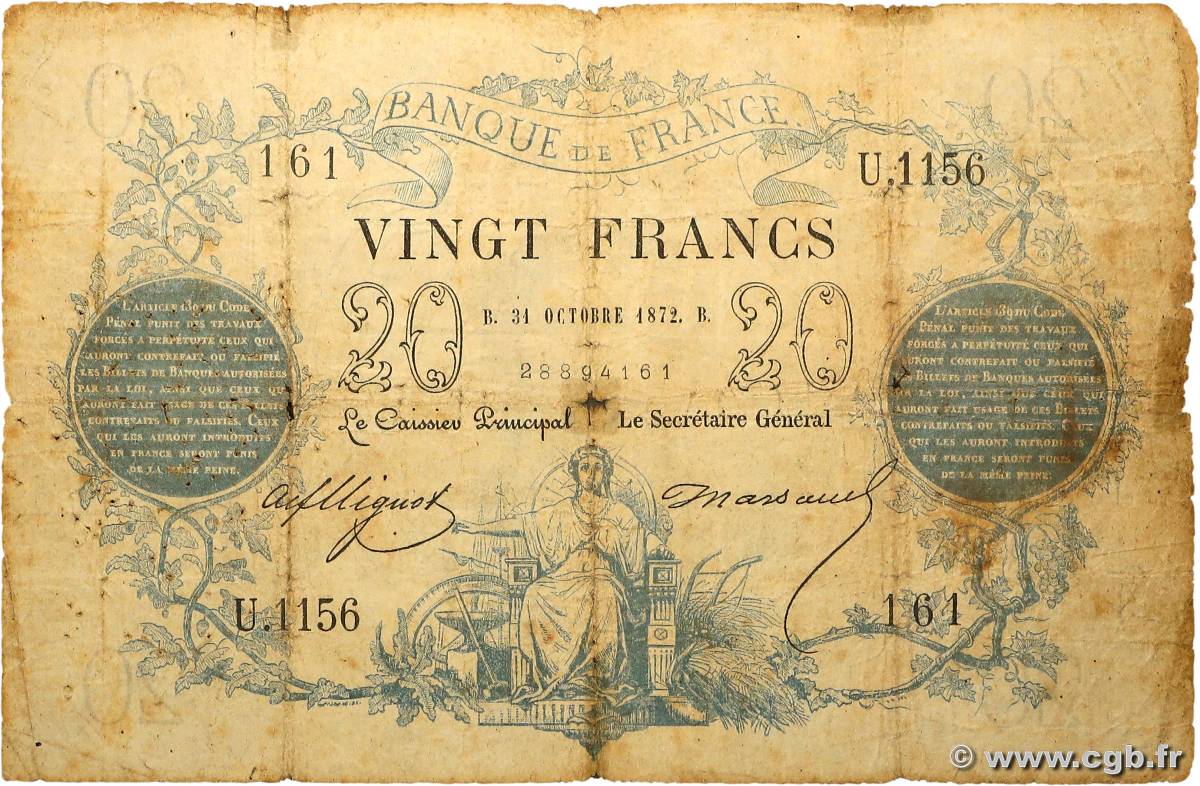 20 Francs type 1871 - Bleu FRANCE  1872 F.A46.03 B+