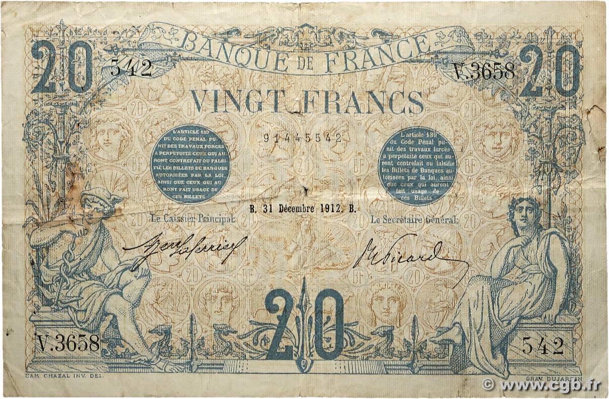 20 Francs BLEU FRANCE 1912 F.10.02 pr.TB