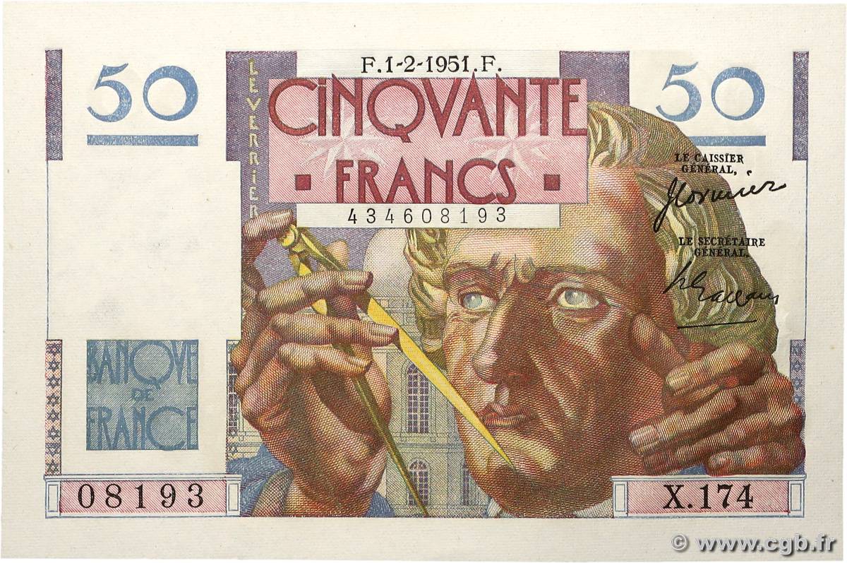 50 Francs LE VERRIER FRANCE 1951 F.20.17 UNC