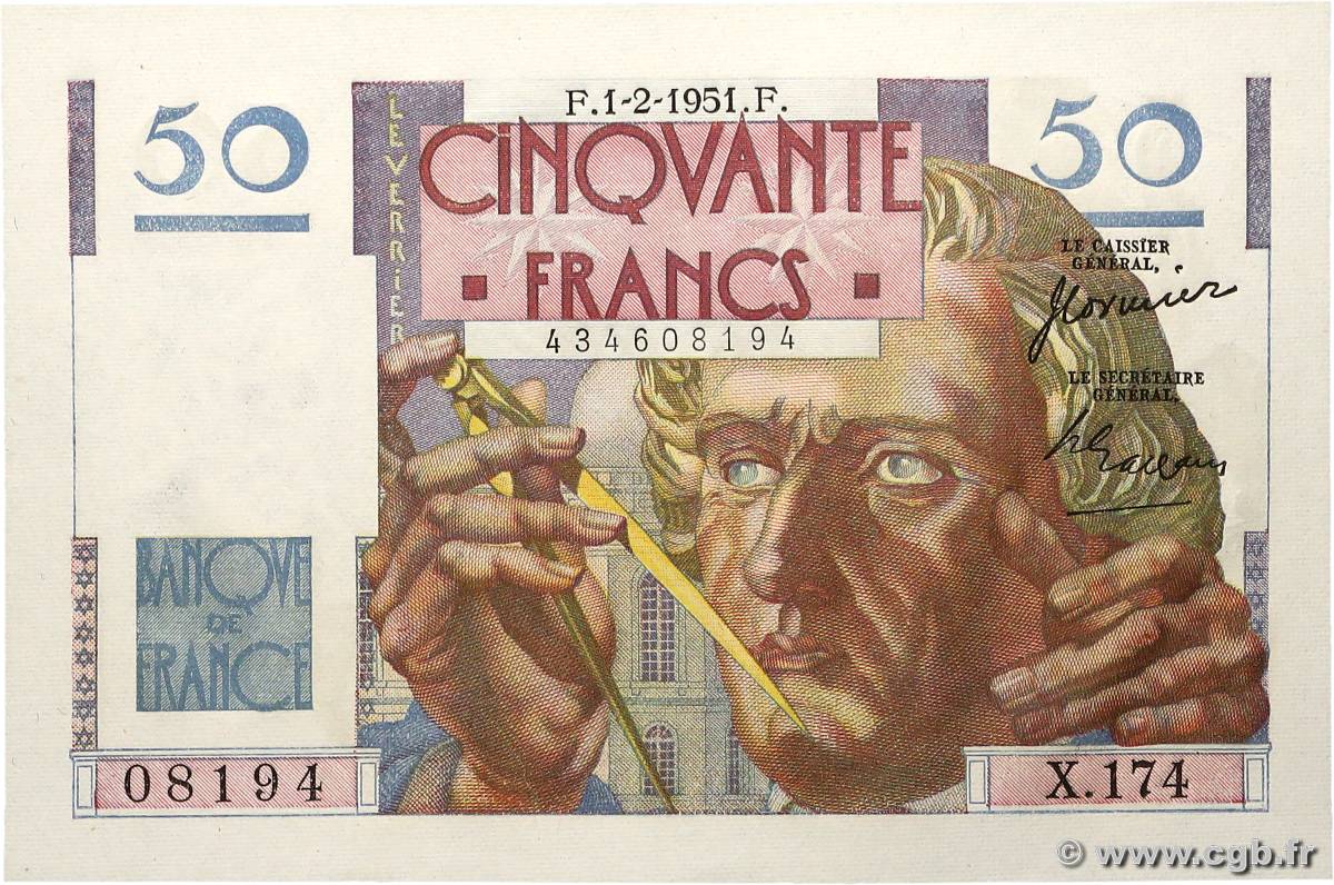 50 Francs LE VERRIER FRANCE 1951 F.20.17 NEUF