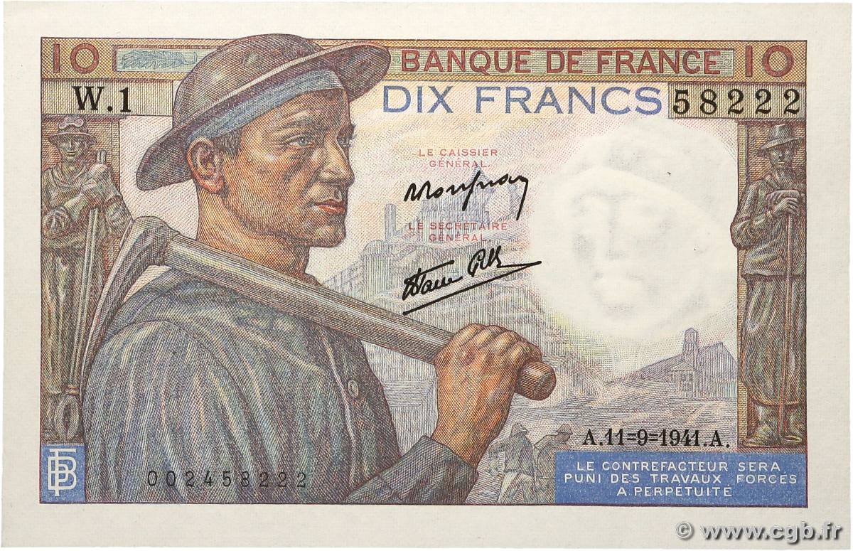 10 Francs MINEUR FRANKREICH 1941 F.08.01 fST+
