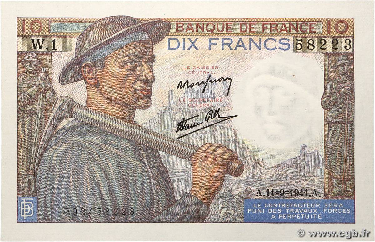 10 Francs MINEUR FRANCE 1941 F.08.01 UNC-