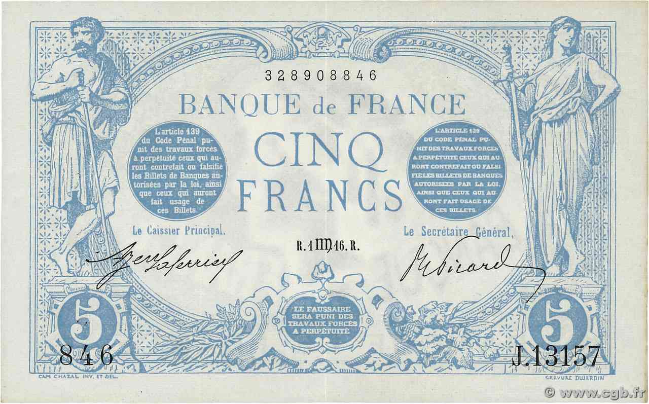 5 Francs BLEU FRANCE  1916 F.02.42 XF