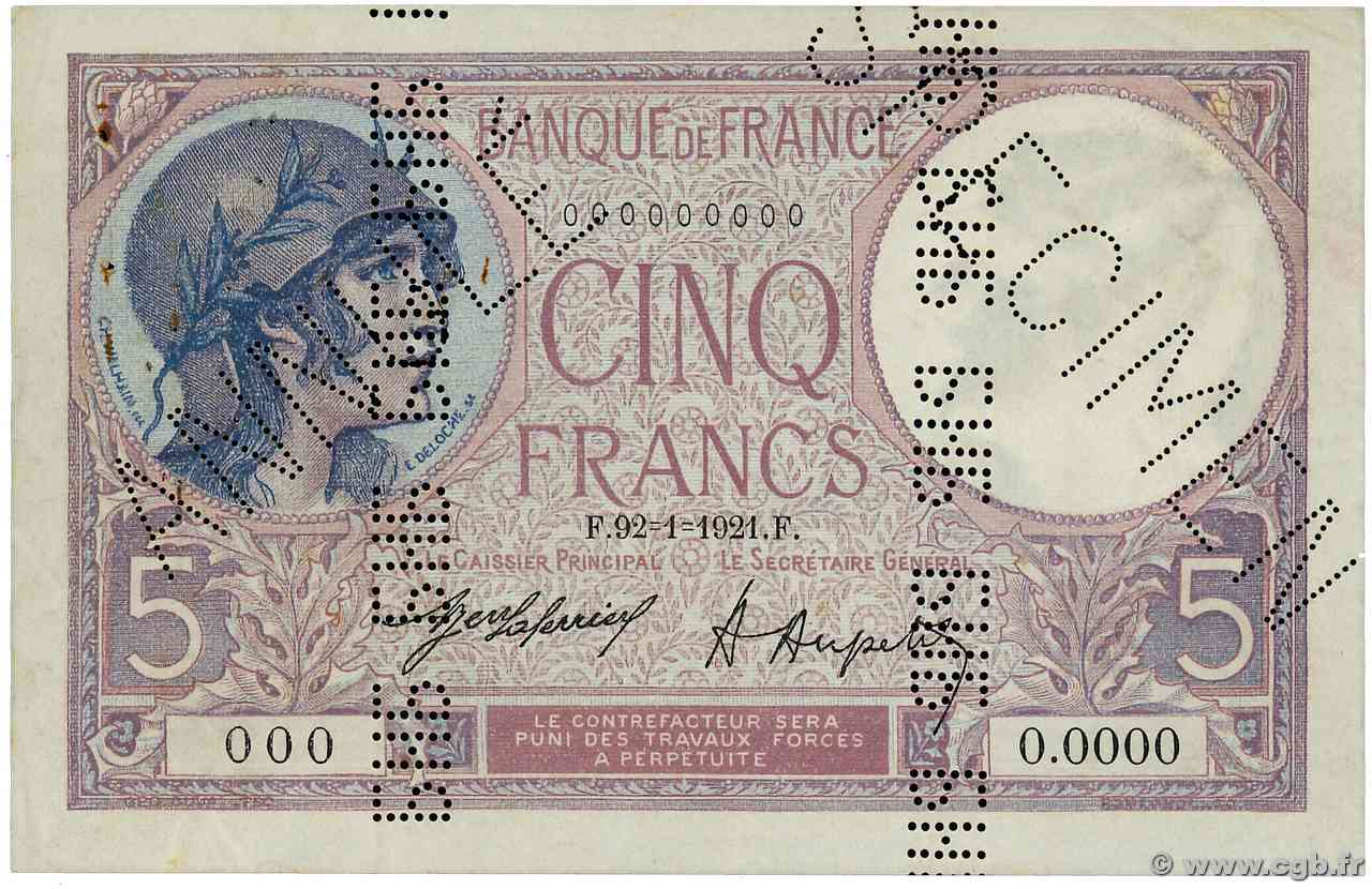 5 Francs FEMME CASQUÉE Spécimen FRANCIA 1921 F.03.05Sp SPL+