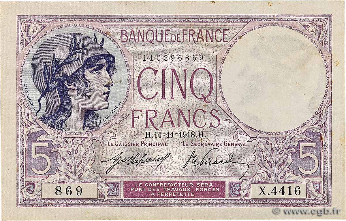 5 Francs FEMME CASQUÉE FRANCE 1918 F.03.02a XF