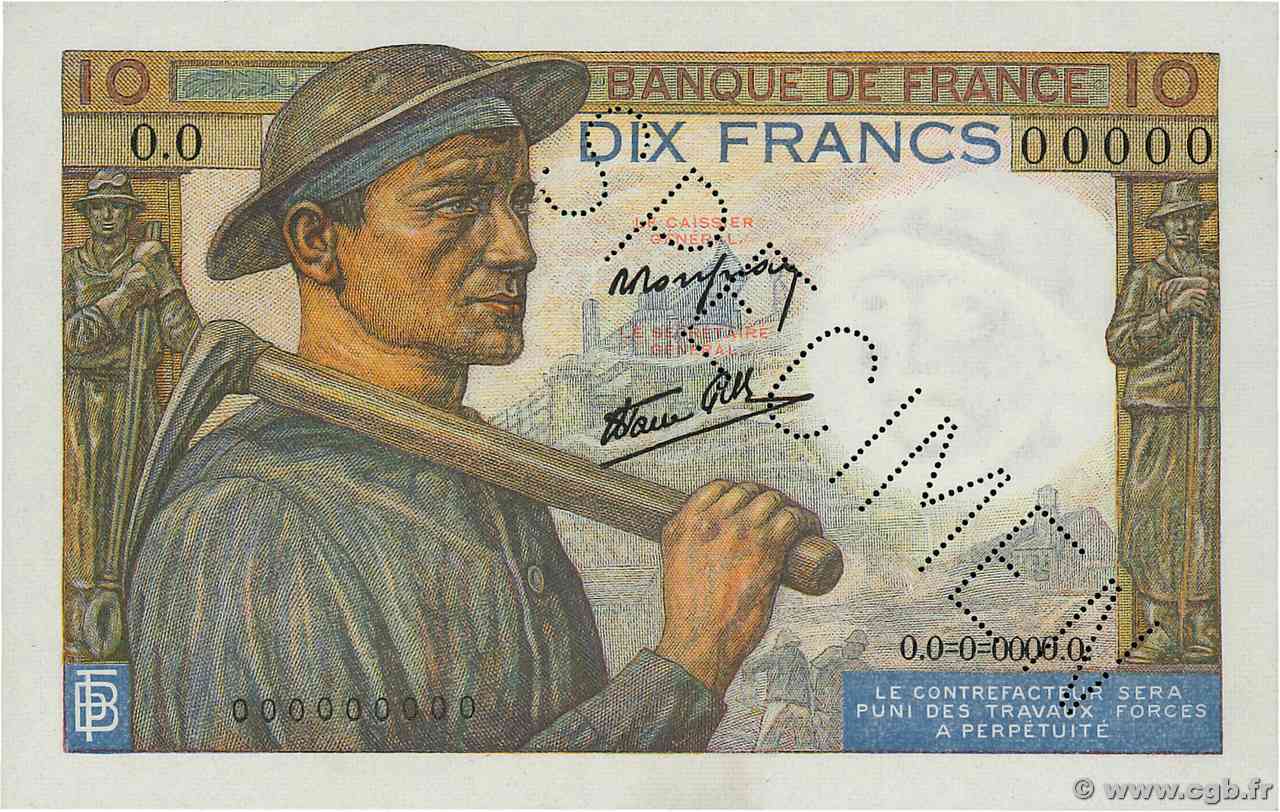 10 Francs MINEUR Spécimen FRANCIA 1941 F.08.01Sp2 q.FDC
