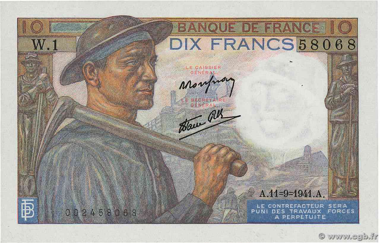 10 Francs MINEUR FRANCIA 1941 F.08.01 AU