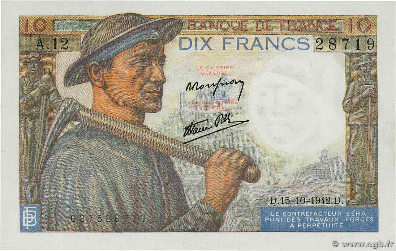 10 Francs MINEUR FRANCIA 1942 F.08.04 FDC