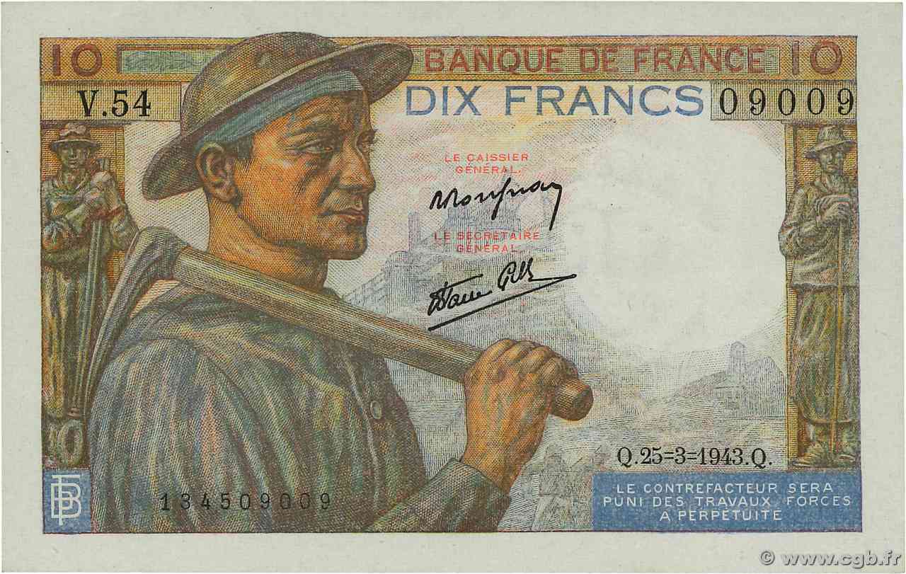 10 Francs MINEUR Numéro spécial FRANCIA 1943 F.08.08 q.FDC