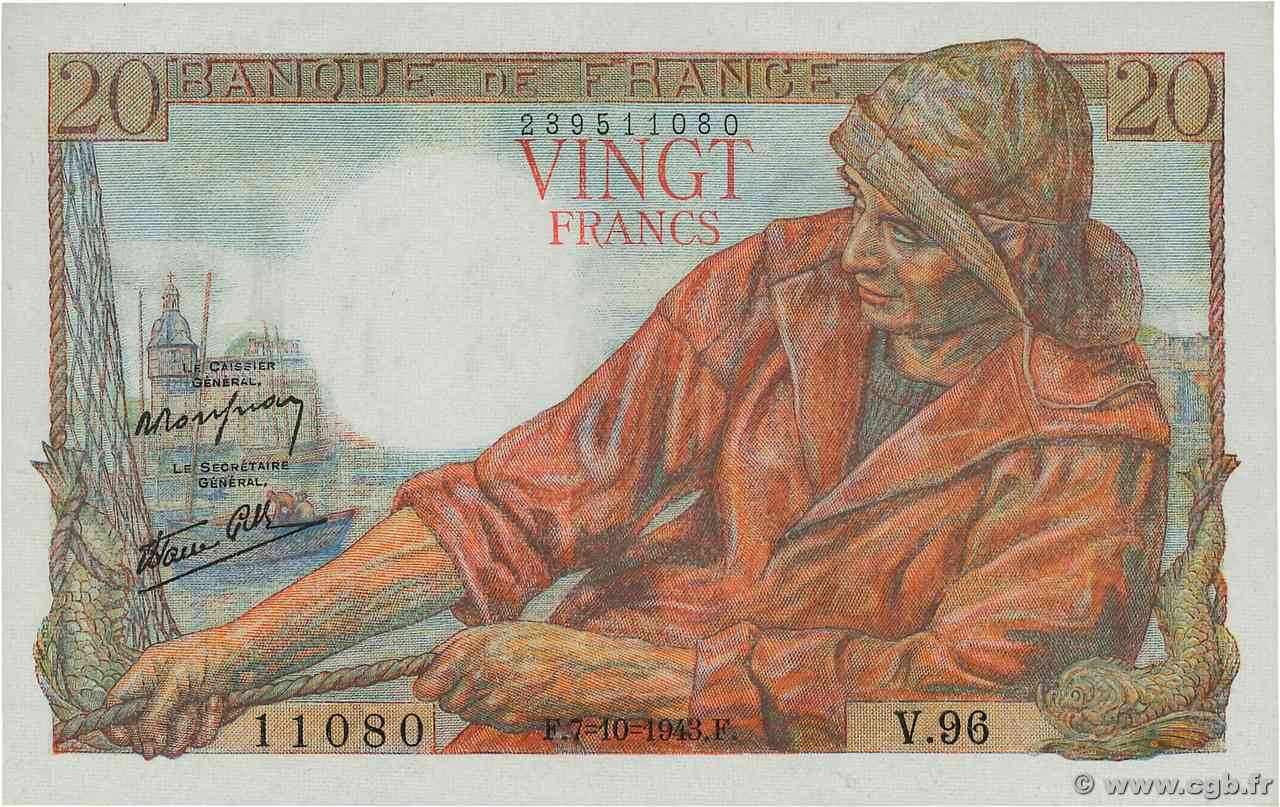 20 Francs PÊCHEUR FRANCIA 1943 F.13.07 FDC