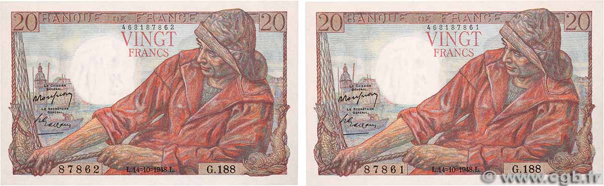 20 Francs PÊCHEUR Consécutifs FRANCE 1948 F.13.13 UNC-