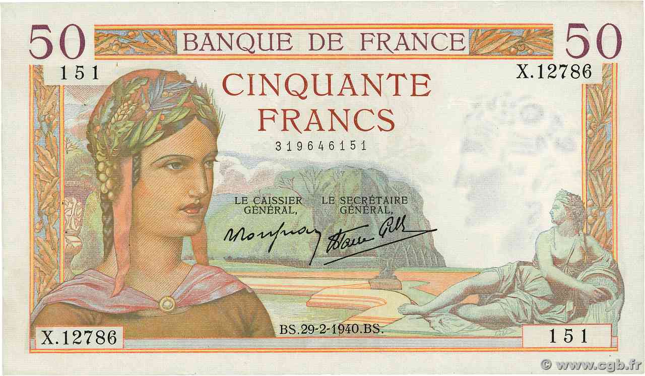 50 Francs CÉRÈS modifié FRANCIA 1940 F.18.40 SPL