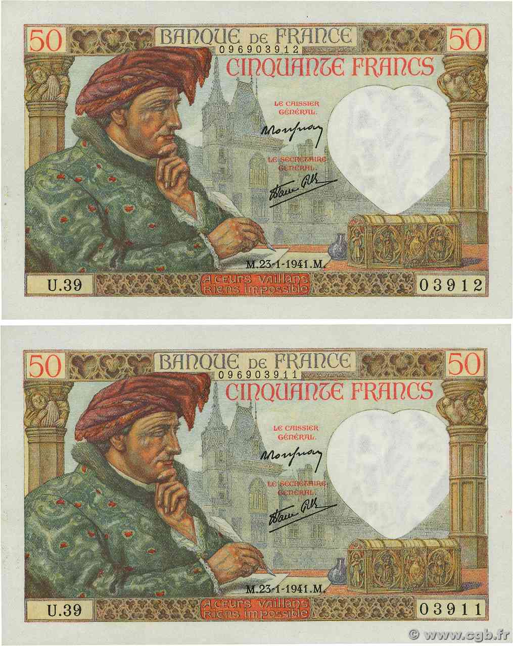 50 Francs JACQUES CŒUR Consécutifs FRANCIA 1941 F.19.05 FDC