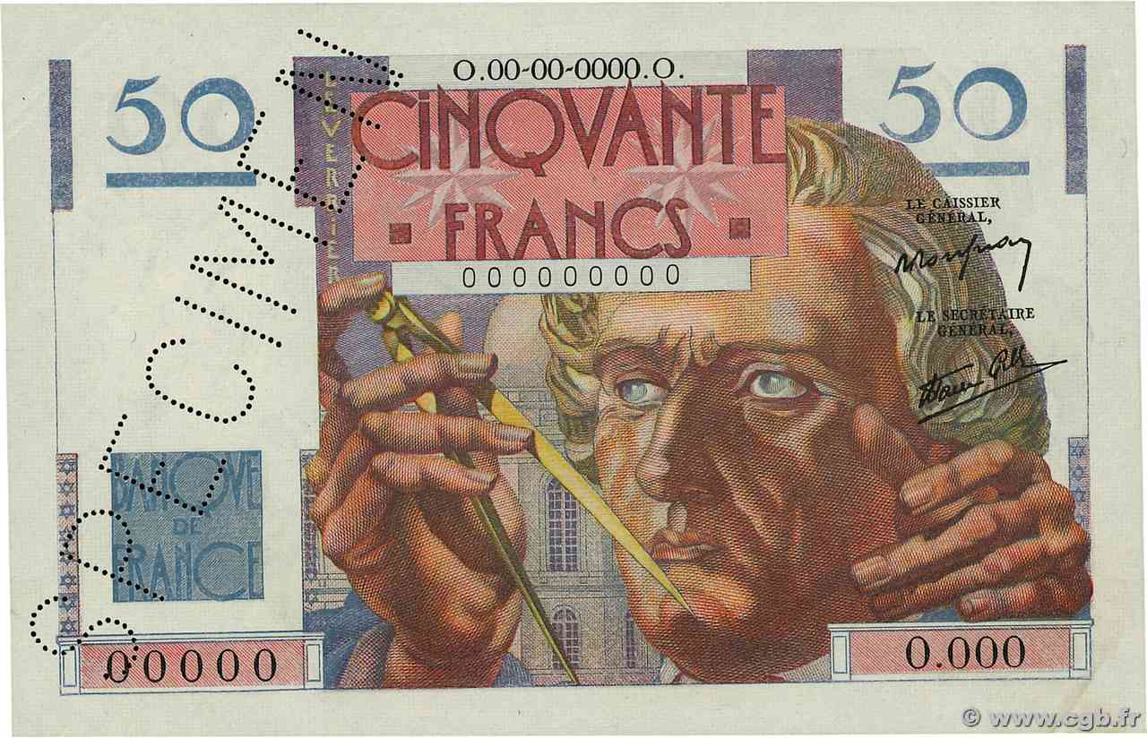 50 Francs LE VERRIER Spécimen FRANCIA 1946 F.20.01Sp AU