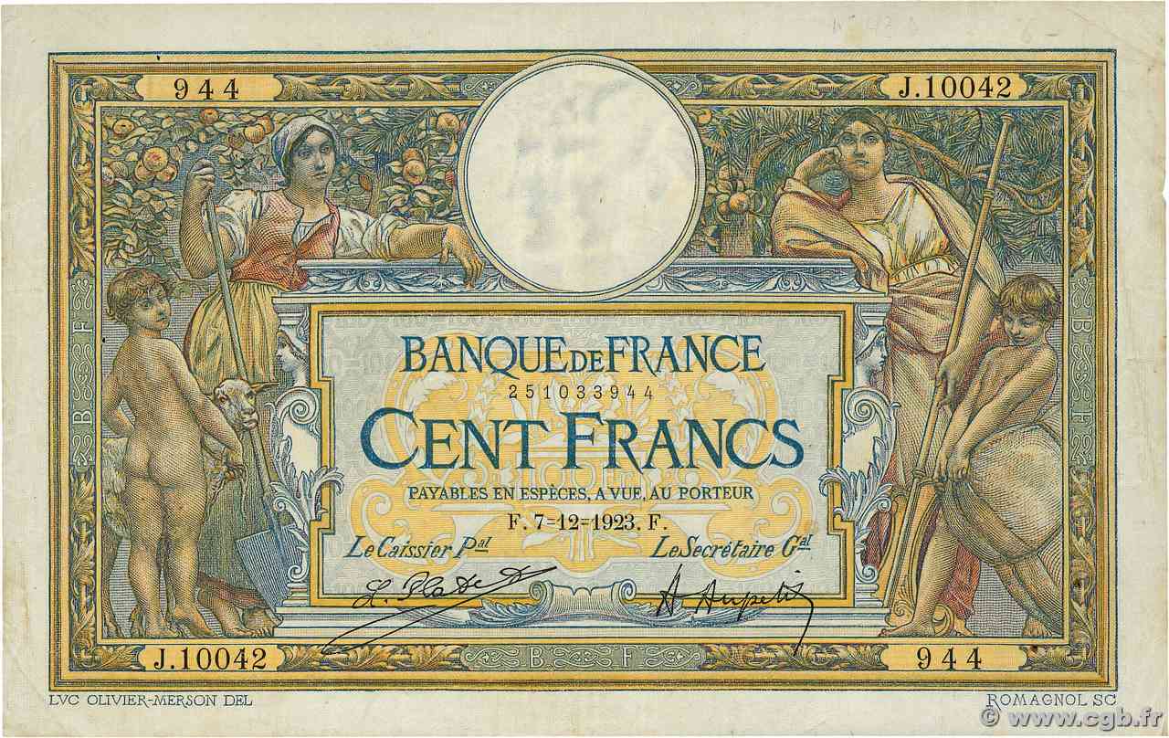 100 Francs LUC OLIVIER MERSON grands cartouches FRANCIA 1923 F.24.01 MB