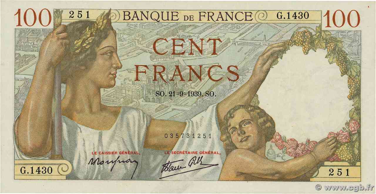 100 Francs SULLY FRANCIA 1939 F.26.07 AU+