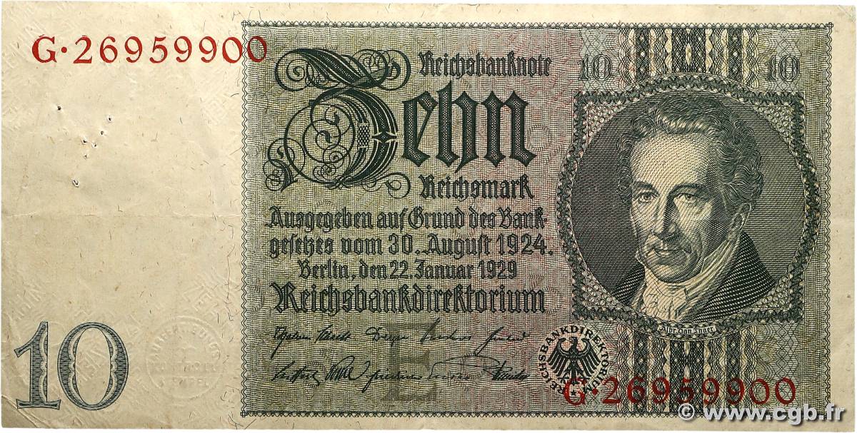 10 Reichsmark ALLEMAGNE 1929 P.180a TTB