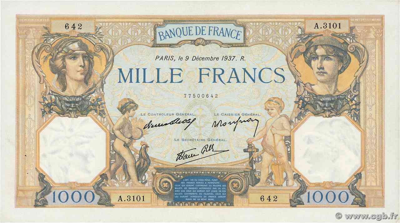 1000 Francs CÉRÈS ET MERCURE type modifié FRANCIA 1937 F.38.06 SPL+