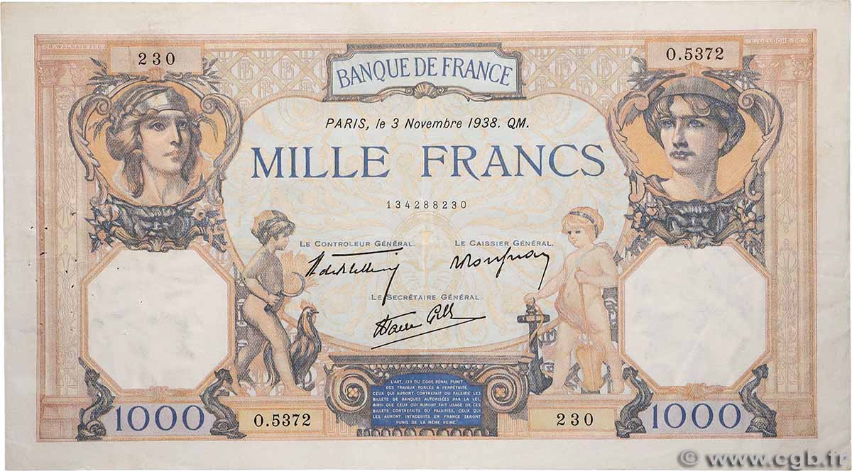 1000 Francs CÉRÈS ET MERCURE type modifié FRANKREICH 1938 F.38.32 fVZ