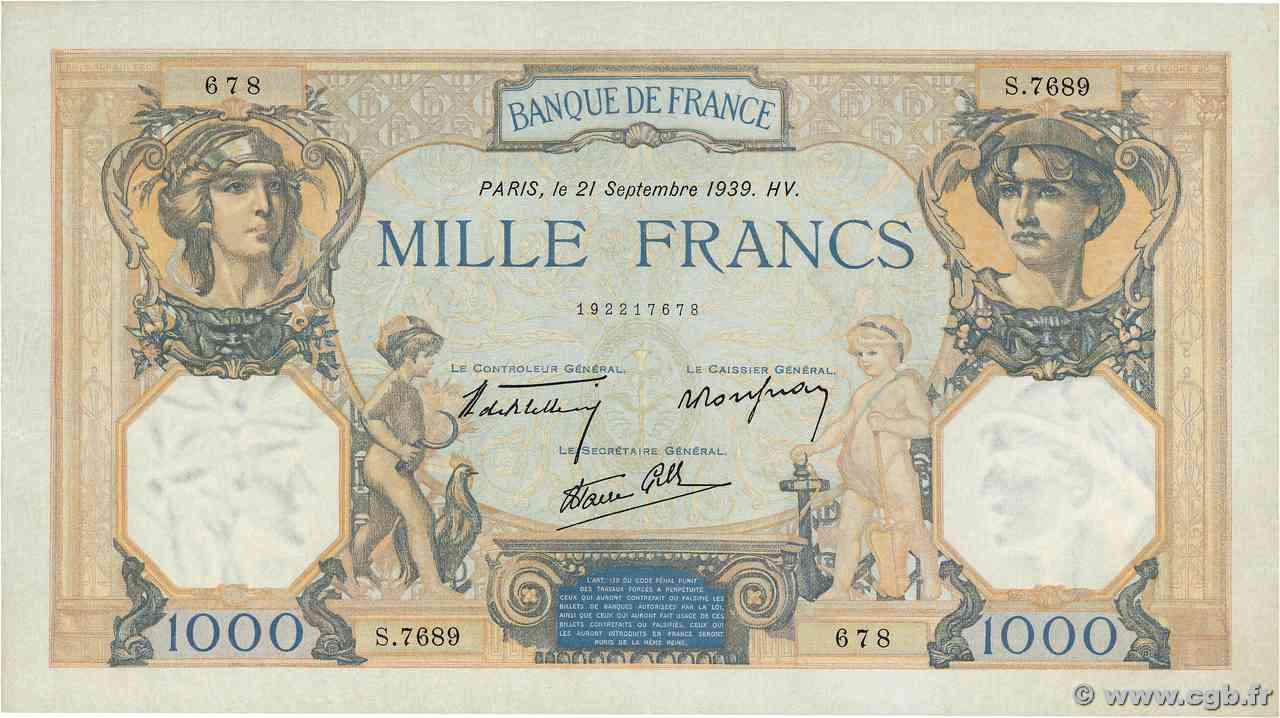 1000 Francs CÉRÈS ET MERCURE type modifié FRANCIA 1939 F.38.37 AU