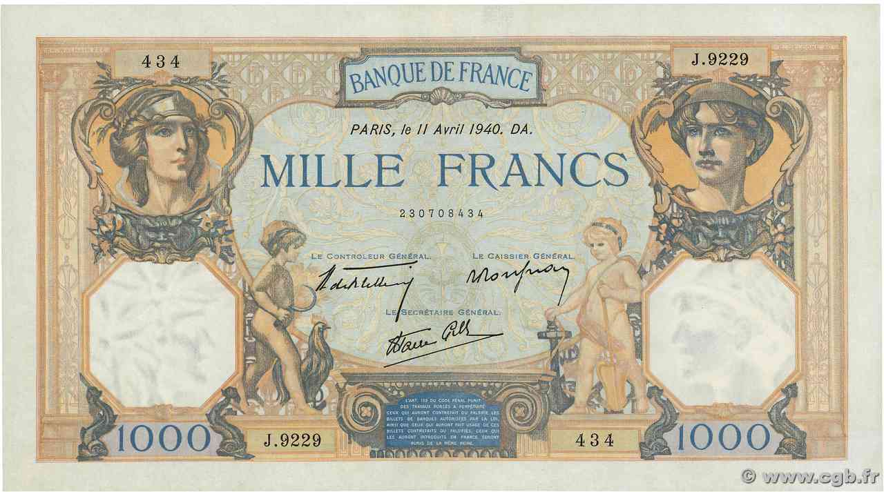 1000 Francs CÉRÈS ET MERCURE type modifié FRANCIA 1940 F.38.45 AU
