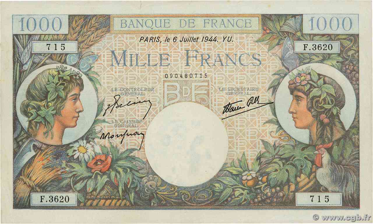 1000 Francs COMMERCE ET INDUSTRIE FRANCIA  1944 F.39.10 AU
