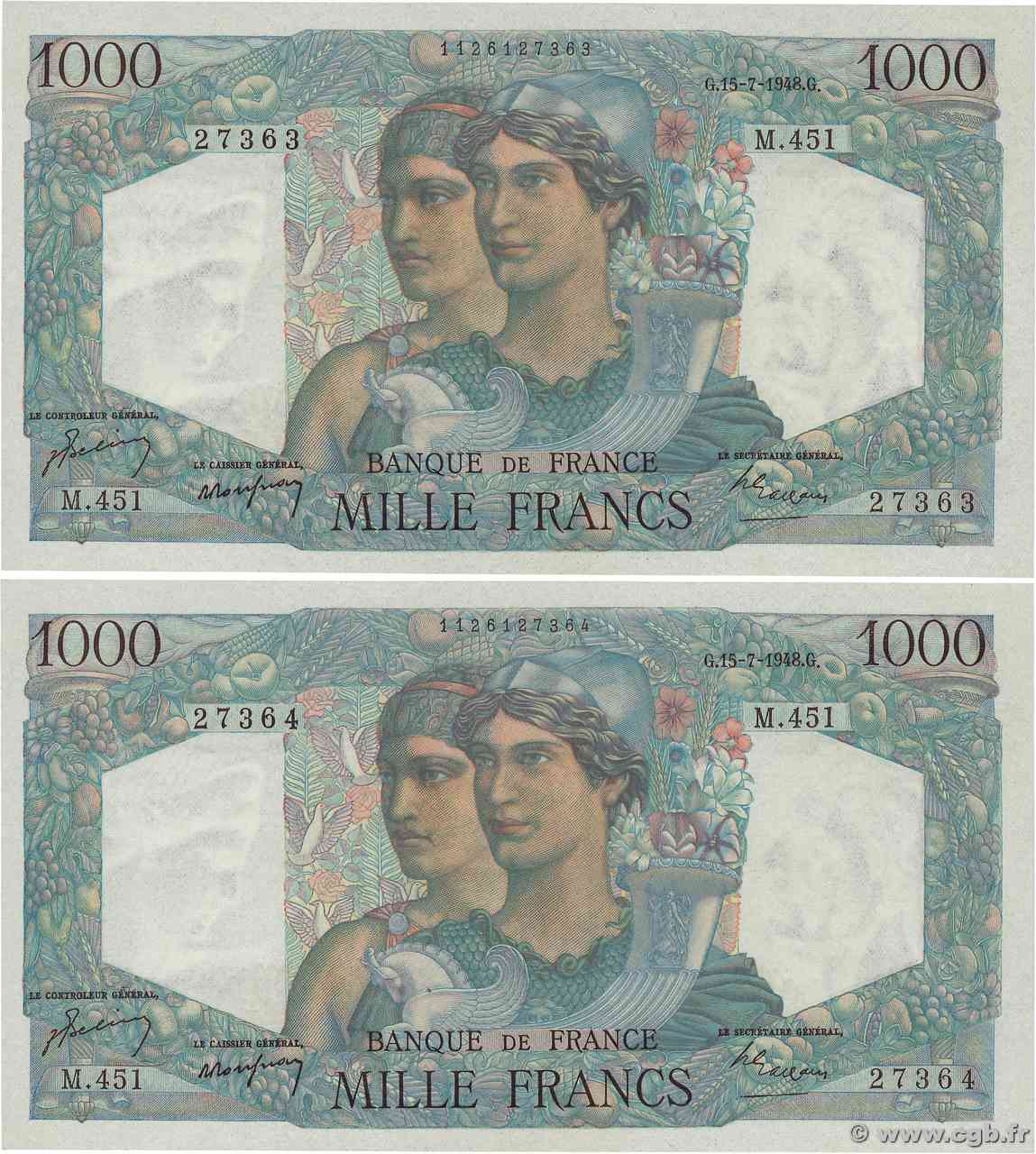 1000 Francs MINERVE ET HERCULE Consécutifs FRANCIA 1948 F.41.22 AU