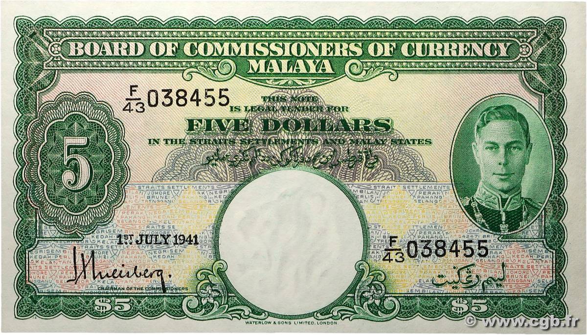 5 Dollars MALAYA  1941 P.12 SPL+