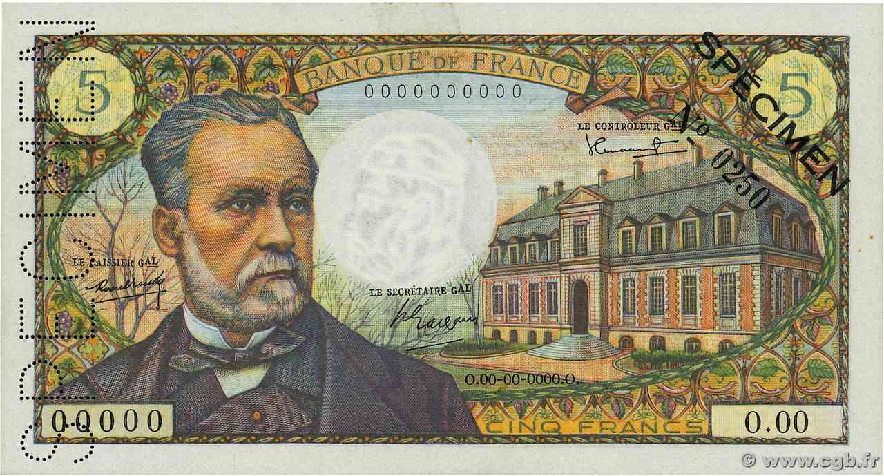 5 Francs PASTEUR Spécimen FRANCIA 1966 F.61.01Spn AU