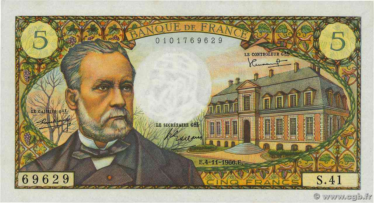 5 Francs PASTEUR FRANCIA 1966 F.61.04 AU