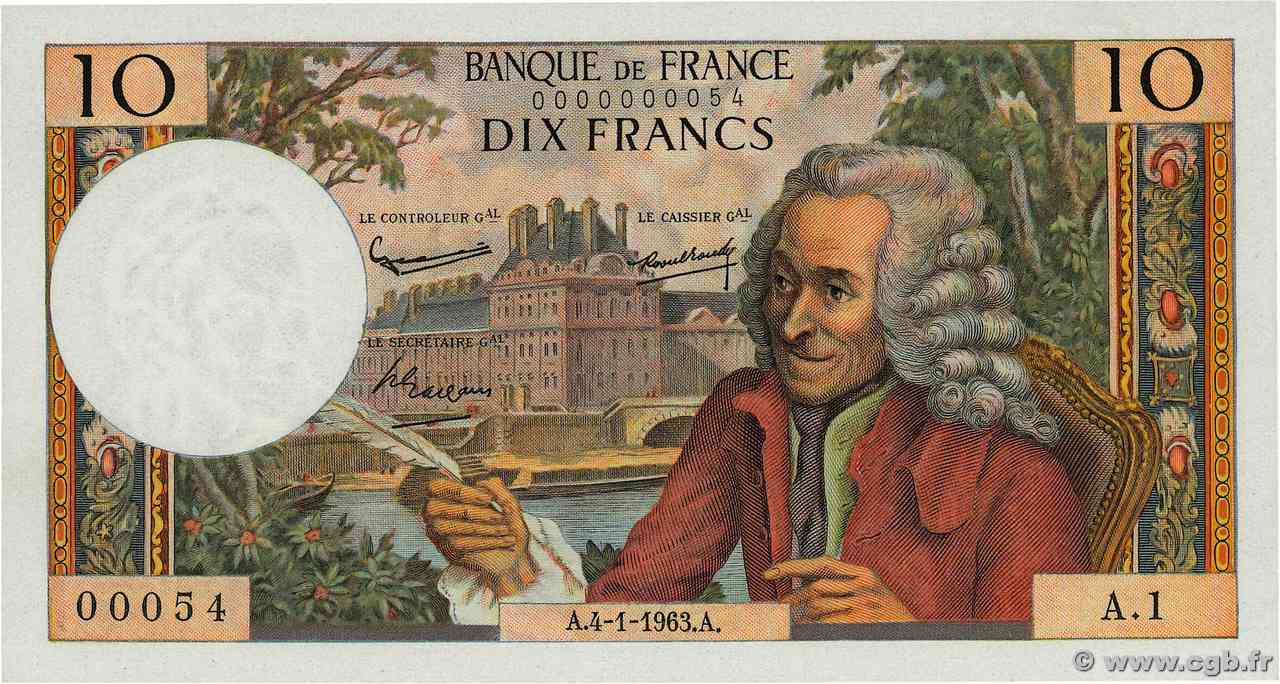 10 Francs VOLTAIRE Petit numéro FRANCIA 1963 F.62.01A1 FDC