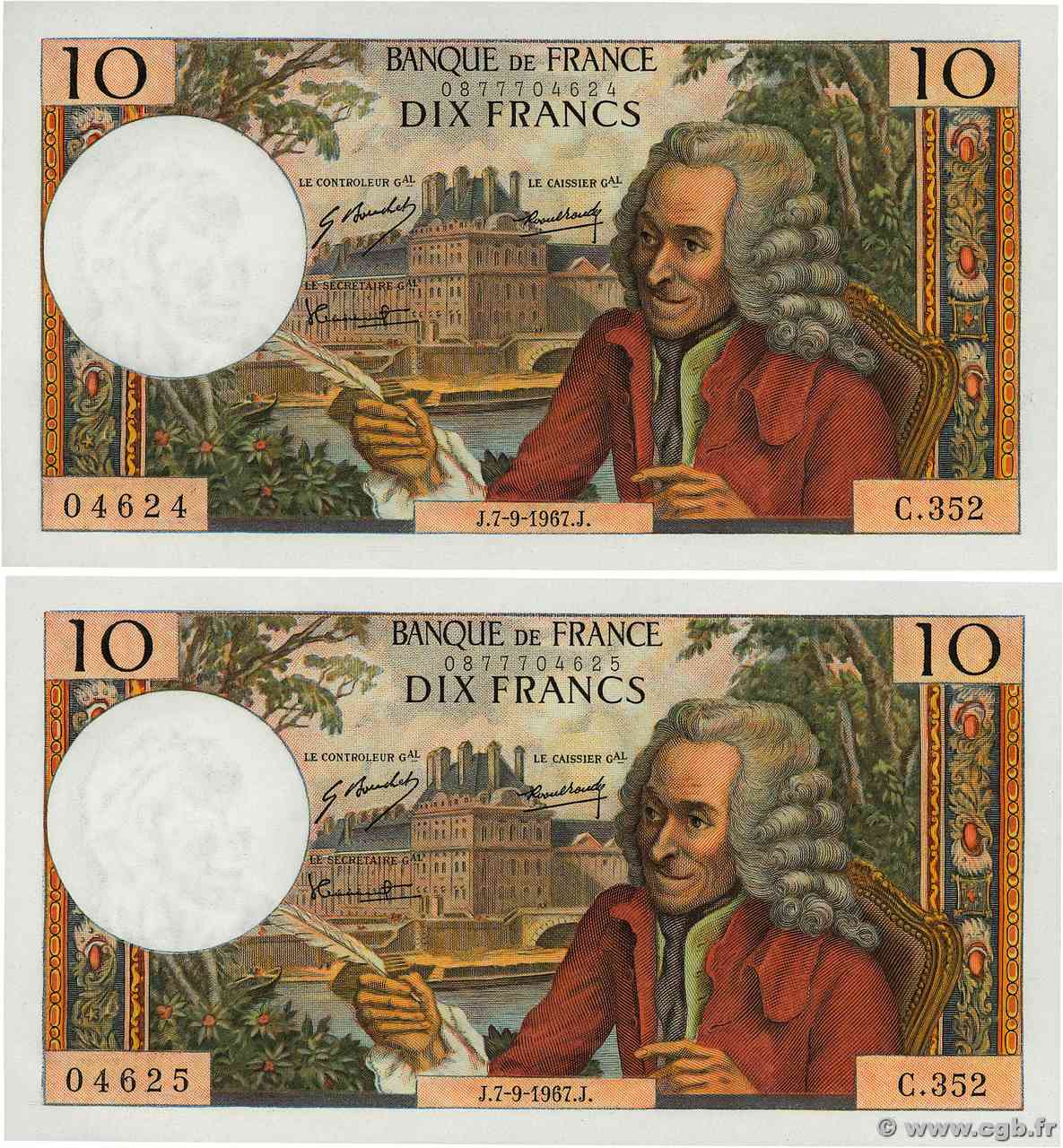 10 Francs VOLTAIRE Consécutifs FRANCIA 1967 F.62.28 FDC
