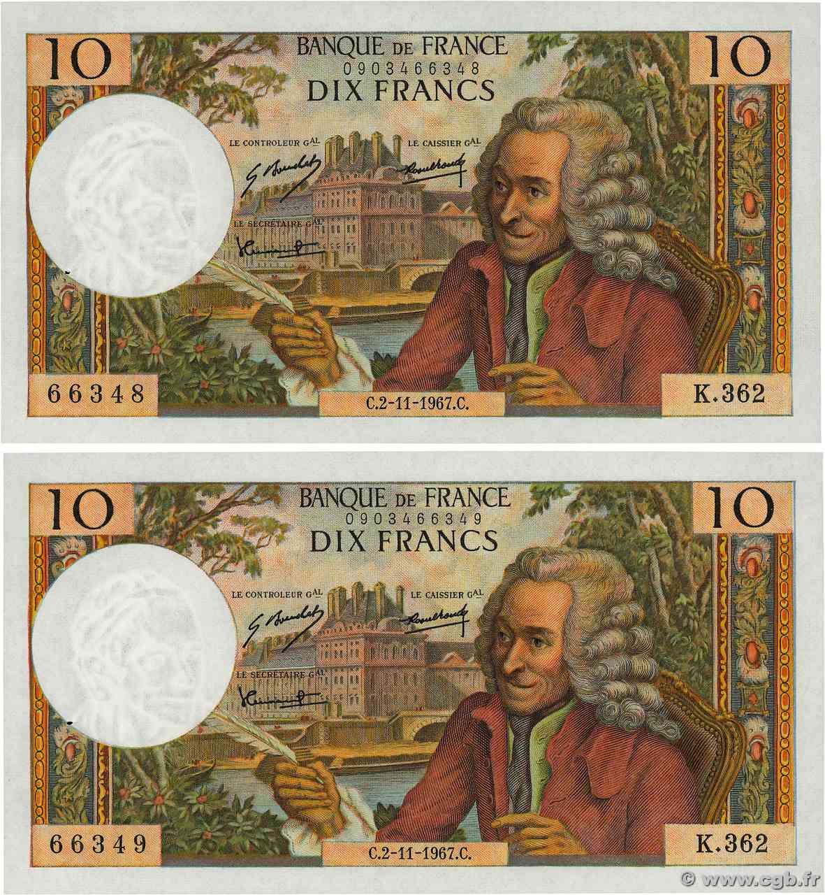 10 Francs VOLTAIRE Consécutifs FRANCIA 1967 F.62.29 AU