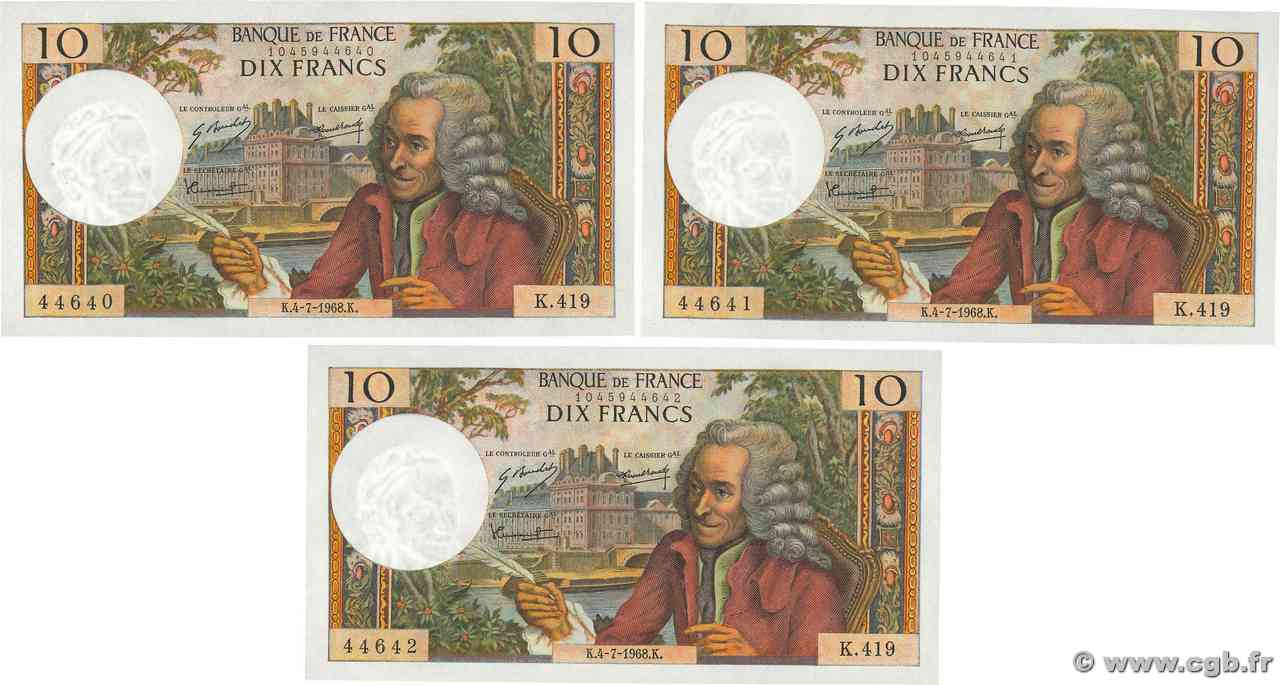 10 Francs VOLTAIRE Consécutifs FRANCIA 1968 F.62.33 q.FDC