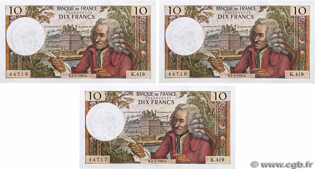 10 Francs VOLTAIRE Consécutifs FRANCE 1968 F.62.33 pr.NEUF