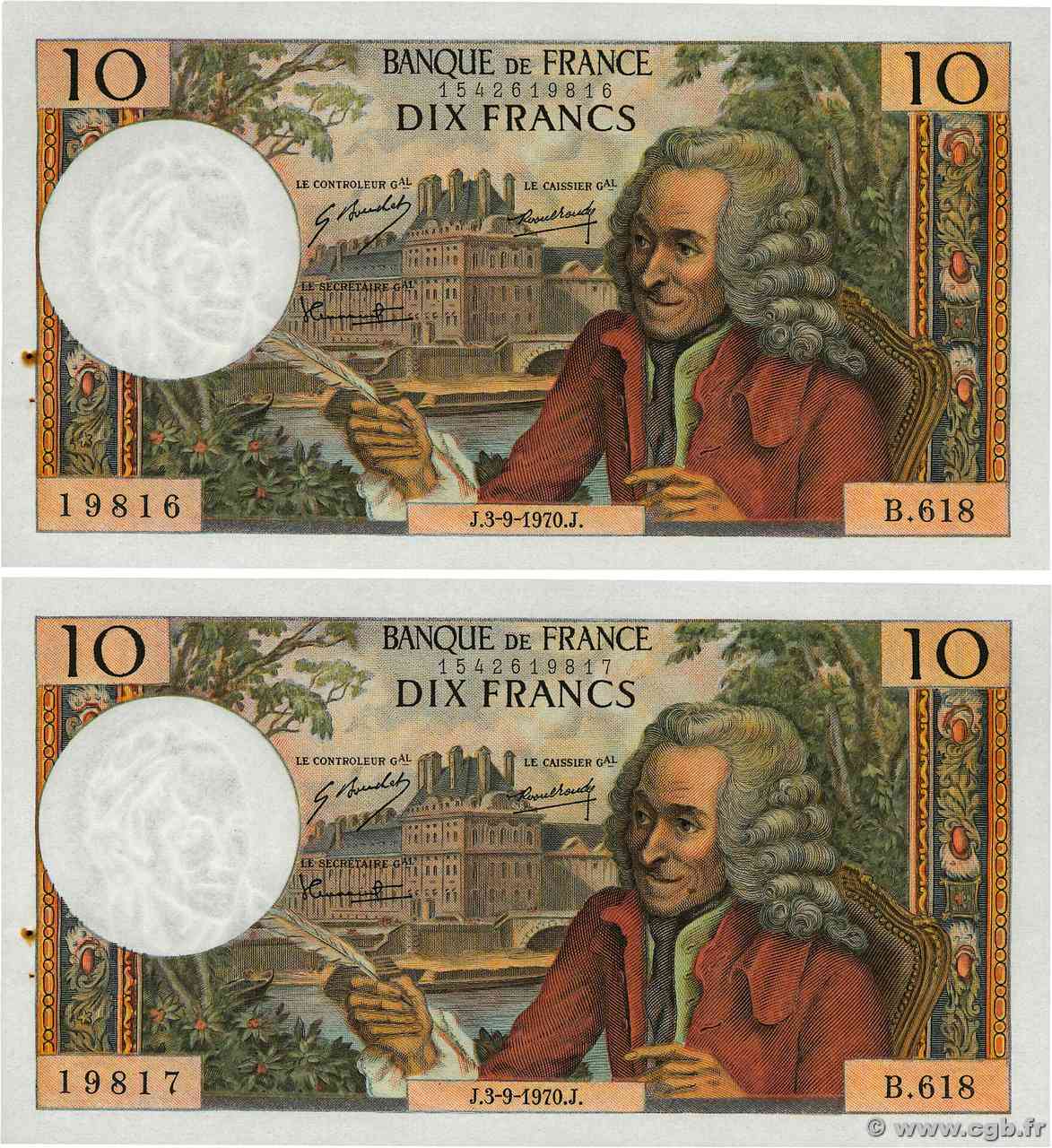 10 Francs VOLTAIRE Consécutifs FRANCIA 1970 F.62.46 SPL+