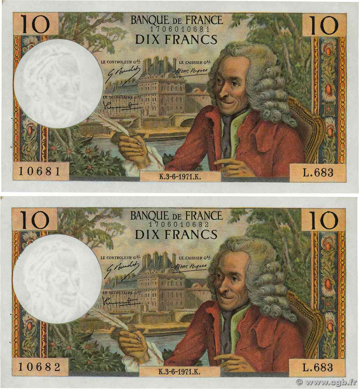 10 Francs VOLTAIRE Consécutifs FRANCIA 1971 F.62.50 SPL+