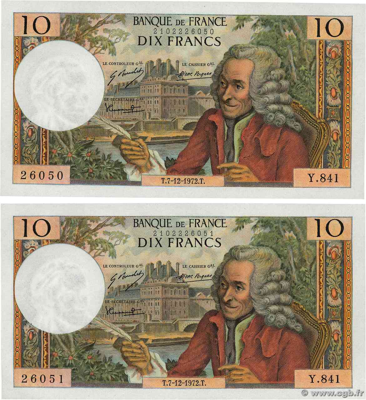 10 Francs VOLTAIRE Consécutifs FRANCIA 1972 F.62.59 AU