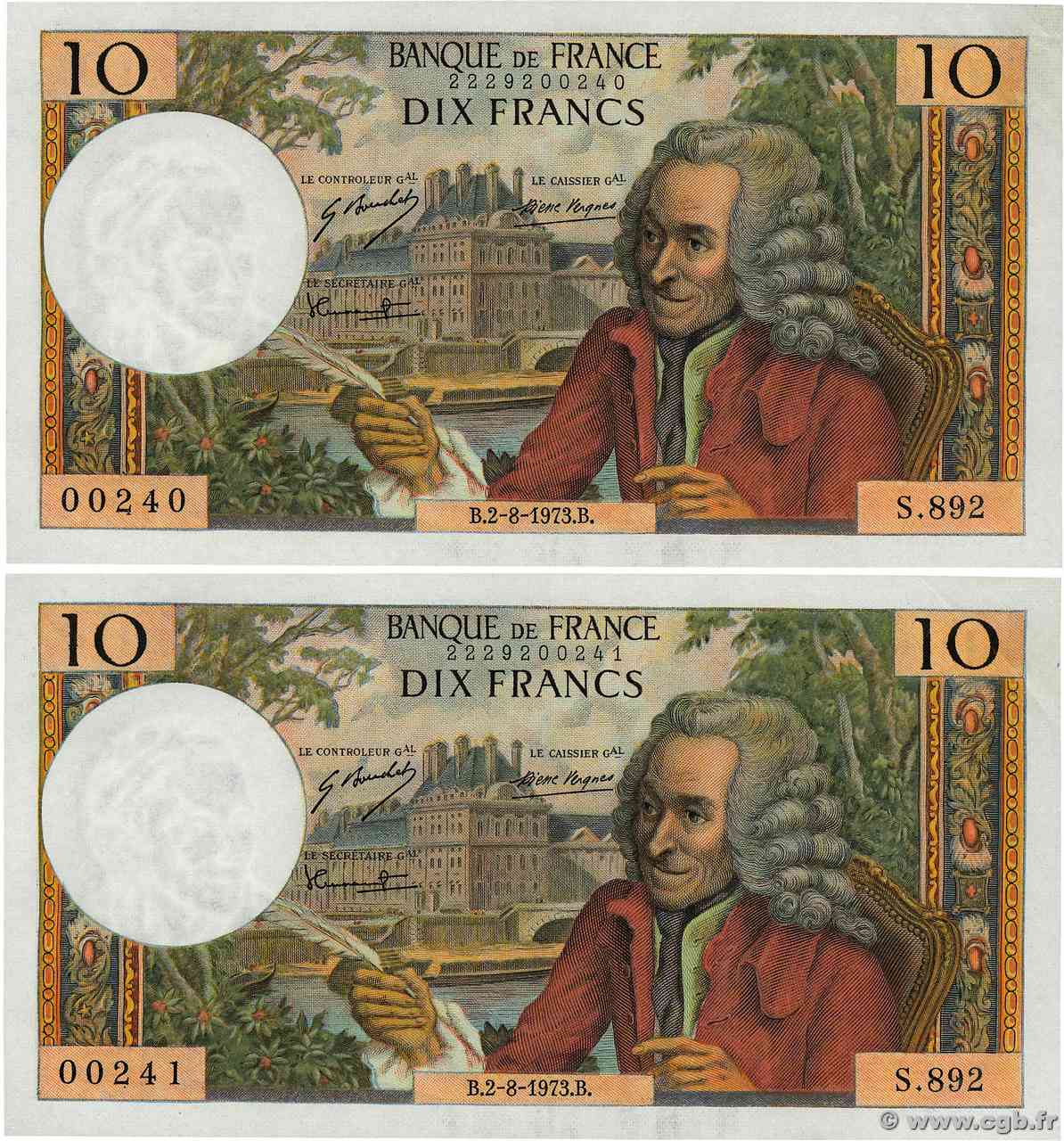 10 Francs VOLTAIRE Consécutifs FRANCIA 1973 F.62.63 q.AU