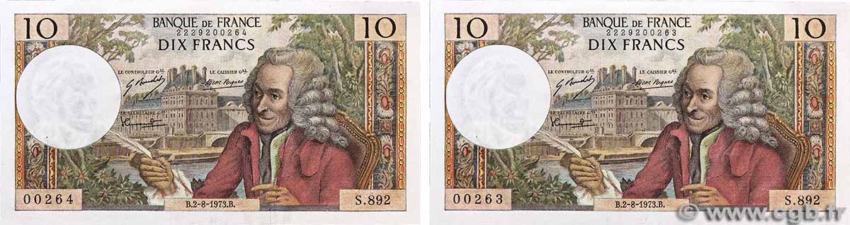 10 Francs VOLTAIRE Consécutifs FRANCE 1973 F.62.63 pr.SPL