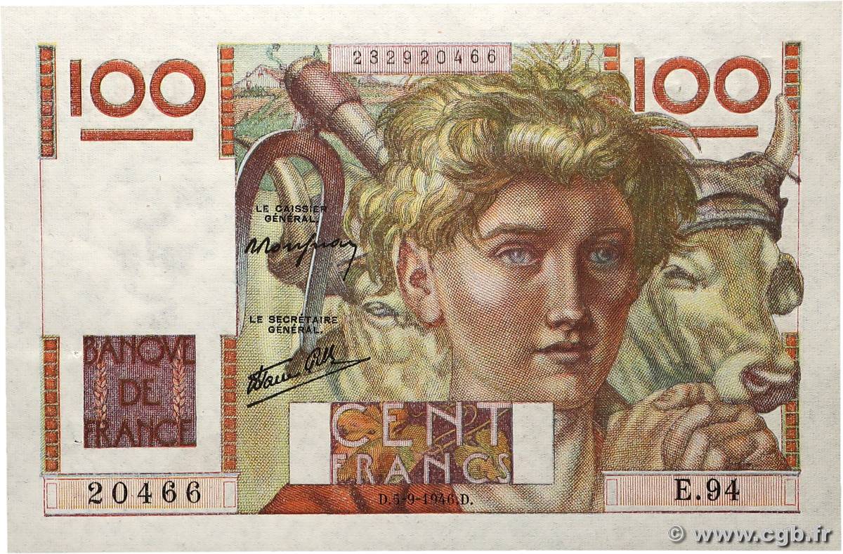 100 Francs JEUNE PAYSAN FRANCE  1946 F.28.08 AU