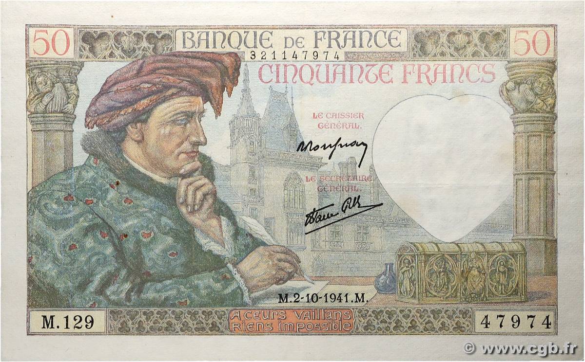 50 Francs JACQUES CŒUR Numéro radar FRANCE 1941 F.19.15 TTB+