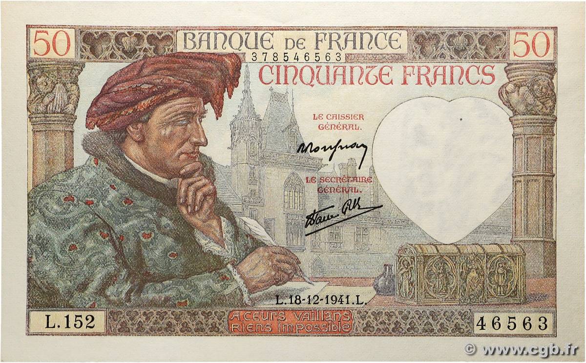 50 Francs JACQUES CŒUR FRANCE  1941 F.19.17 pr.NEUF