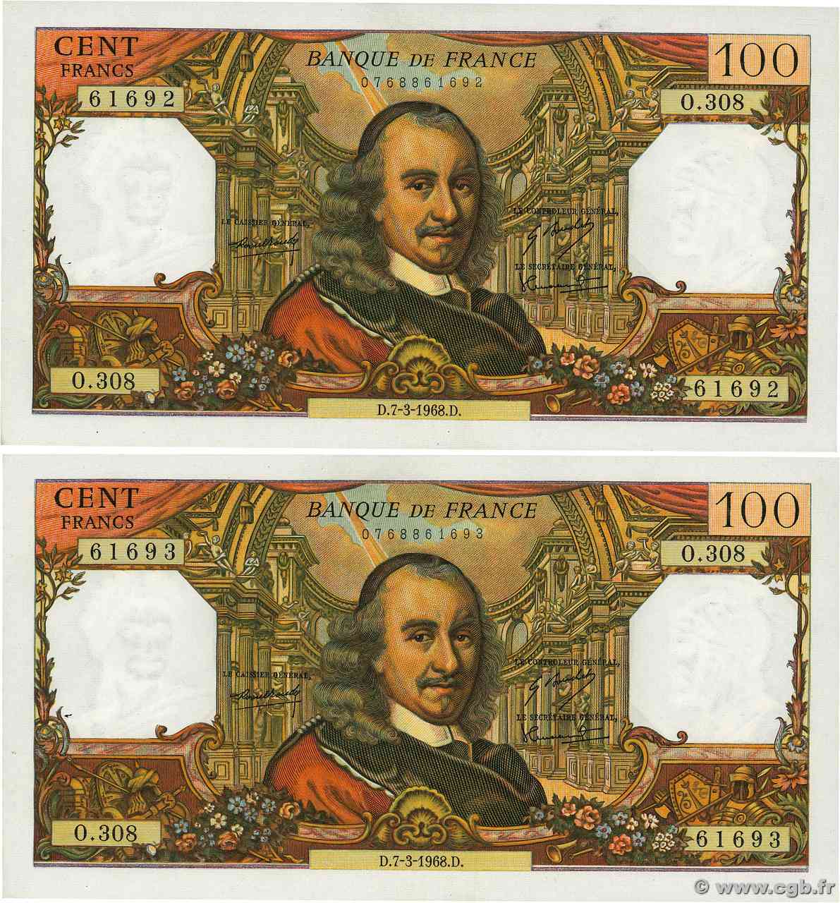 100 Francs CORNEILLE Consécutifs FRANCIA 1968 F.65.21 SPL+