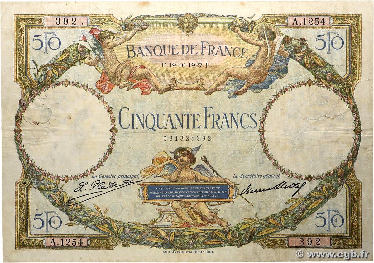 50 Francs LUC OLIVIER MERSON FRANCE  1927 F.15.01 B+