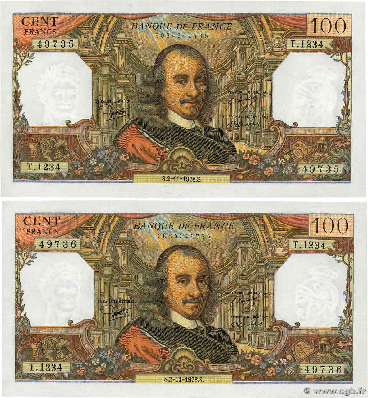 100 Francs CORNEILLE Consécutifs FRANCIA 1978 F.65.64 FDC
